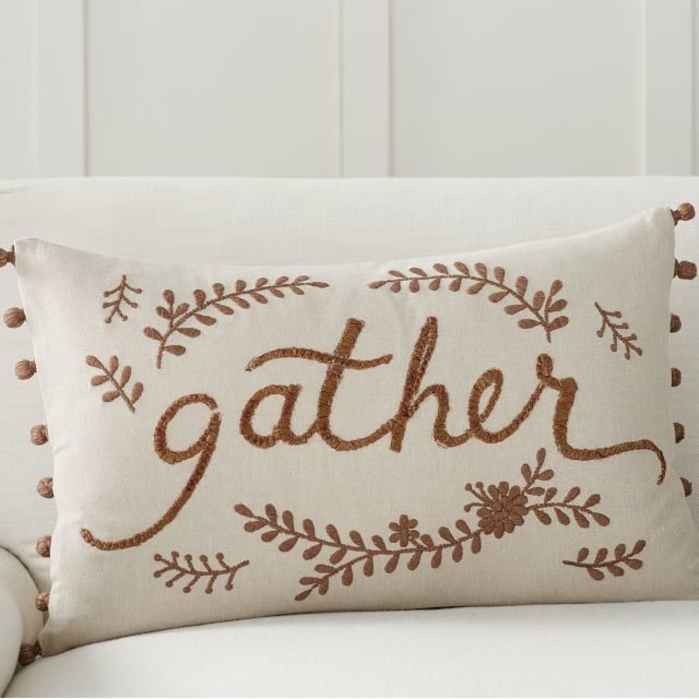 Pottery Barn Embroidered Gather Lumbar Pillow Cover 16 x 26" Thanksgiving Fall